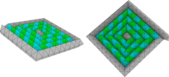 Different perspectives of a spiral resulting from arranging an interlocking block