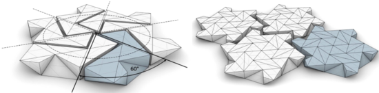 Various arrangements of an interlocking block that is constructed by exploiting crystallographic space groups groups