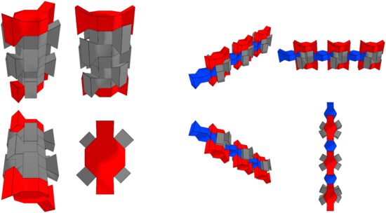 Verschiedene Anordnung eines Bausteins, der aus hexagonalen Primen und Dreiecksprismen zusammengesetzt werden kann