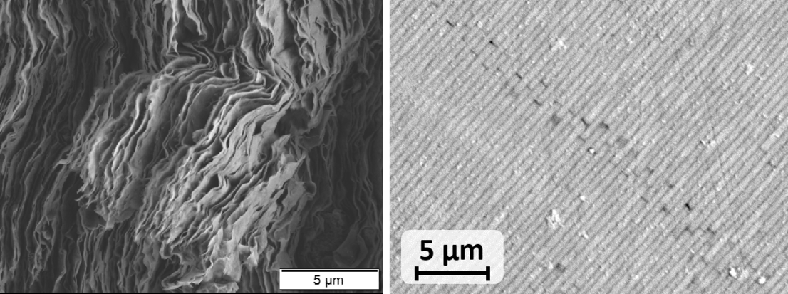 SEM images of a cross-section of a synthetic bioinspired brick mortar layer (left) and of a crack in an abalone shell (polished cross-section, right)