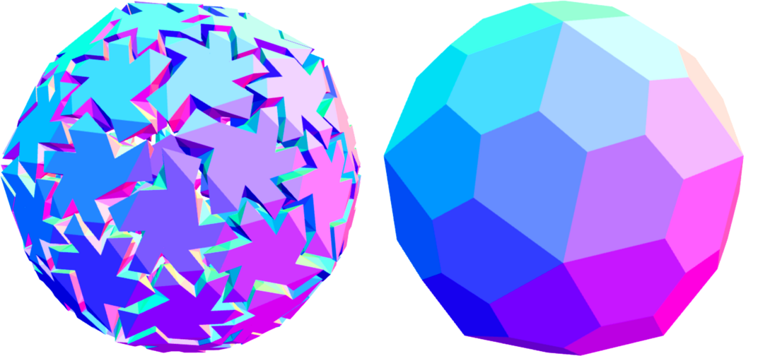 Finding an interlocking assembly for the deltoidal hexecontahedron, a Catalan solid whose surface consists of 60 kite-shaped faces; a) deltoidal hexecontahedron, b) assembling the solid with interlocking blocks